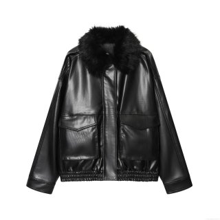 Women's Faux Leather Jacket With Removable Faux Fur Collar Fashion Short PU Moto Biker Coat Long Sleeve Zipper Outwear For Winter Autumn Women