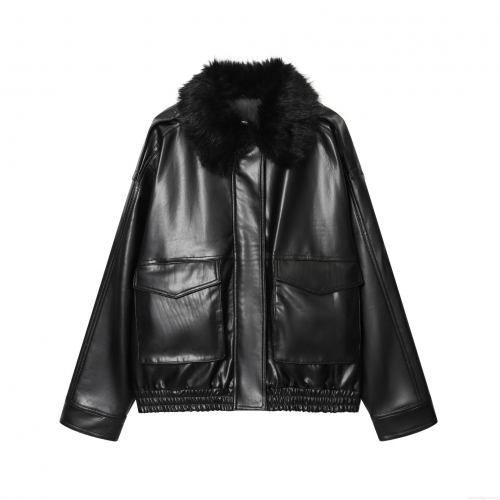 Women's Faux Leather Jacket With Removable Faux Fur Collar Fashion Short PU Moto Biker Coat Long Sleeve Zipper Outwear For Winter Autumn Women