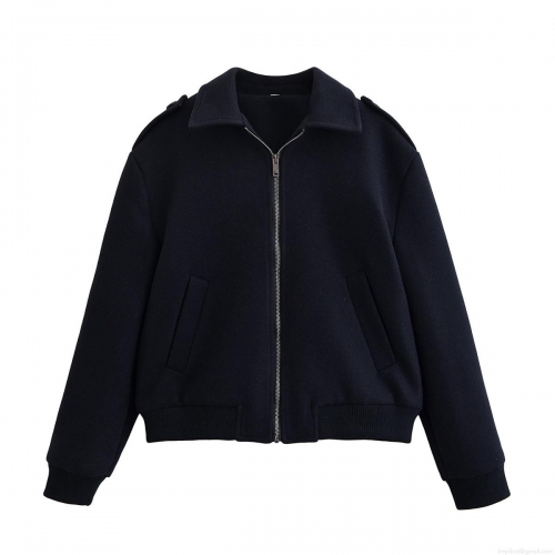 Women's Navy Blue Lapel Zip-Up Jacket Fashion Loose Fit Wool-Like Bomber Outerwear With Pockets And Epaulettes Casual Streetwear Jacket For Women