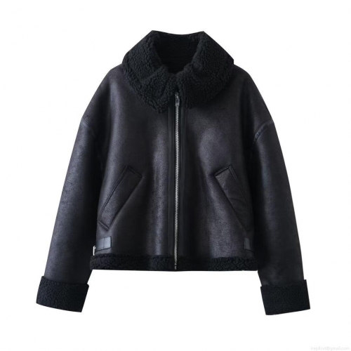 Women's Faux Shearling Leather Jacket Warm Faux Fur Lined Biker Coat Lapel Collar Zipper Winter Streetwear Casual Outwear Thick Solid Color Black Aviator Jacket For Women