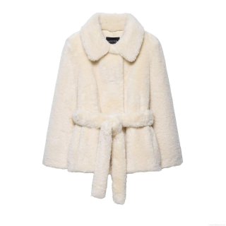 Women's Elegant Faux Fur Coat Long Sleeve Belted Lapel Jacket Autumn Winter Warm Plush Solid Color Casual Overcoat For Ladies