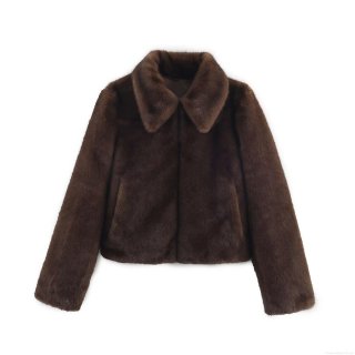 Women's Faux Fur Jacket Sophisticated Lapel Short Coat Coffee Color Solid Long Sleeve Warm Winter Outerwear for Women