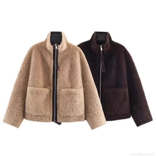 Women's Faux Fur Sherpa Jacket Fashion Casual Short Coat Warm Stand Collar Zipper Fleece Outwear With Large Pockets For Autumn Winter Daily Wear