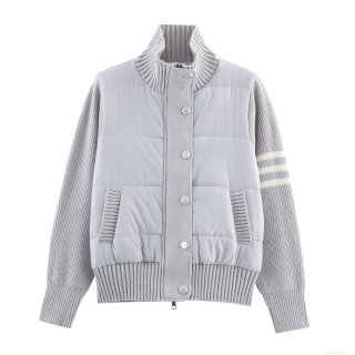 Women's Patchwork Quilted Jacket Knitted Sleeve Stand Collar Padded Outerwear Four Stripe Design Metal Button Casual Coat For Autumn Winter