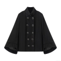 Women's Elegant Black Cape Coat Loose Woolen Texture Double Breasted Jacket With Silver Buttons Minimalist Commute Outerwear Casual Stylish Coat For Lady
