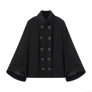 Women's Elegant Black Cape Coat Loose Woolen Texture Double Breasted Jacket With Silver Buttons Minimalist Commute Outerwear Casual Stylish Coat For Lady
