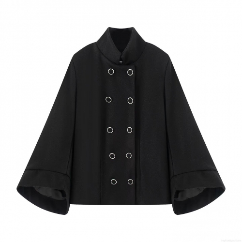 Women's Elegant Black Cape Coat Loose Woolen Texture Double Breasted Jacket With Silver Buttons Minimalist Commute Outerwear Casual Stylish Coat For Lady