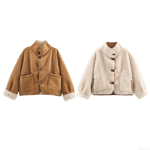Women's Reversible Jacket Coat Thick Warm Faux Suede And Lamb Fleece Stand Collar Single Breasted Outerwear With Pockets European Casual Streetwear Fashion