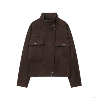 Women's Fashion Faux Suede Jacket Casual Solid Color Stand Collar Long Sleeve Coat With Cargo Pockets And Metal Buttons For Fall Winter Daily Streetwear