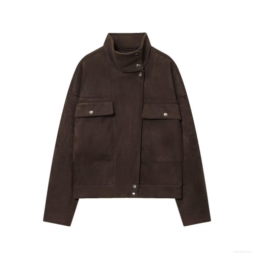 Women's Fashion Faux Suede Jacket Casual Solid Color Stand Collar Long Sleeve Coat With Cargo Pockets And Metal Buttons For Fall Winter Daily Streetwear