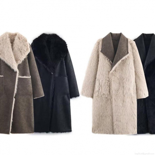 Women's Reversible Faux Fur Long Coat Elegant Suede Patchwork Turn-down Collar Jacket Winter Thick Warm Outwear for Ladies
