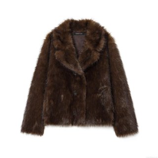 Women's Luxury Double-Sided Faux Fur Jacket Lapel Button Short Coat Warm Winter Outwear Coffee Brown Solid Polyester Faux Fur Casual Fashion Top