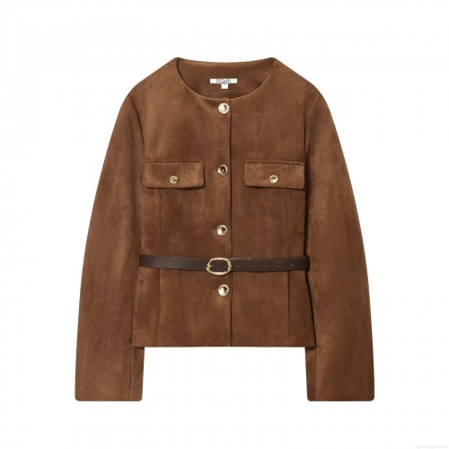 Women's Fashion Suede Texture Blazer Jacket With Faux Leather Belt Round Neck Long Sleeve Short Outerwear Casual Elegant Autumn Winter Coat For Ladies