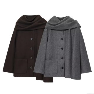 Women Elegant Scarf Collar Woolen-like Coat British Style Casual Navy Outerwear Single Breasted Long Sleeve Jacket With Pocket For Commuting