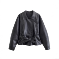 Women Black PU Faux Leather Jacket Polyester Lining Lapel Collar Long Sleeve Short Trench Coat With Bow Tie Belt Fashion Streetwear Outerwear
