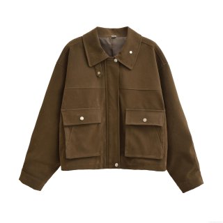 Women's Faux Suede Bomber Jacket Solid Color Lapel Long Sleeve Loose Fit Cargo Coat Metal Buttons Large Pockets Streetwear Fashion Casual Outerwear