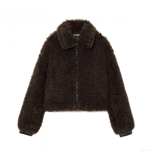 Women's Faux Lamb Wool Zip Up Jacket Loose Fit Solid Color Lapel Warm Winter Outerwear Casual Streetwear Short Coat With Ribbed Cuffs