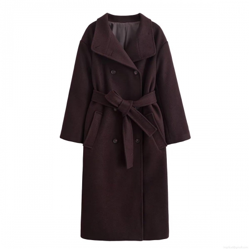 Women's Long Woolen Coat Elegant Double Breasted Overcoat With Belt Warm Autumn Winter Outerwear Solid Color Lapel Jacket For Women