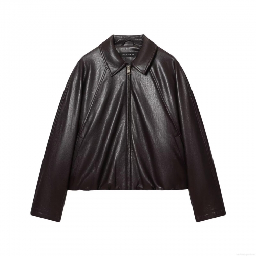 Women's Faux Leather Bomber Jacket Zipper Pocket Lapel PU Leather Moto Biker Coat Loose Fit Long Sleeve Outwear Ladies Spring Autumn Deep Brown Cream White