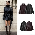 Women Double Breasted PU Leather Jacket Stand Up Collar Solid Color Fashion Long Sleeve Casual Windproof Short Outerwear Office Lady Autumn Winter Chic Coat