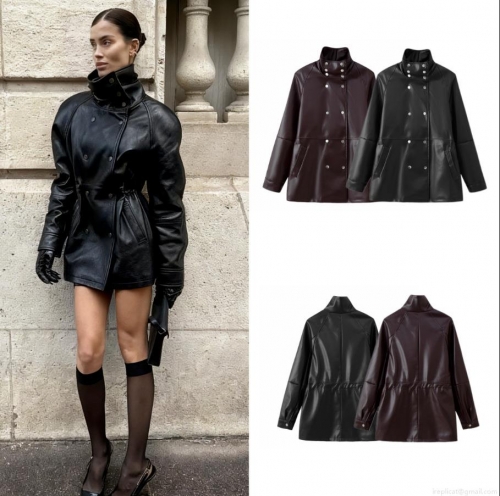 Women Double Breasted PU Leather Jacket Stand Up Collar Solid Color Fashion Long Sleeve Casual Windproof Short Outerwear Office Lady Autumn Winter Chic Coat