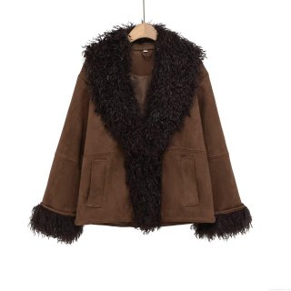Women's Faux Suede Jacket With Black Faux Fur Lapel Collar And Cuffs Solid Color Warm Long Sleeve Autumn Winter Fashion Outerwear Coat For Women