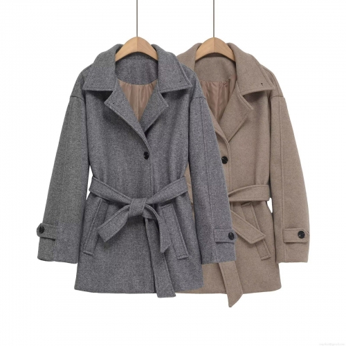 Women's Elegant Woolen Style Coat Lapel Single Breasted Overcoat With Waist Belt Autumn Winter Warm Long Sleeve Jackets Outerwear For Office Lady Casual Fashion
