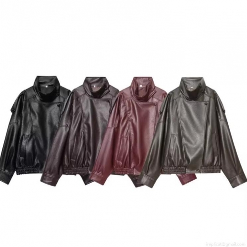 Women Fashion PU Faux Leather Jacket Long Sleeve Stand Collar Loose Fit Biker Outerwear Streetwear Casual Solid Color Coat with Pockets for Autumn Winter Ladies Clothing