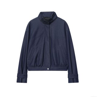 Women's Fashion Stand Collar Bomber Jacket Solid Deep Blue Denim Texture Snap Button Long Sleeve Casual Outerwear Coat For Autumn