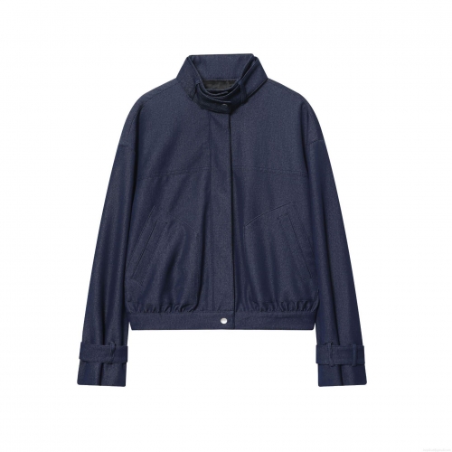 Women's Fashion Stand Collar Bomber Jacket Solid Deep Blue Denim Texture Snap Button Long Sleeve Casual Outerwear Coat For Autumn