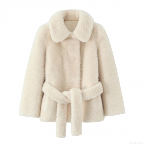 Women's Elegant Faux Fur Coat With Waist Tie Belt Solid Color Lapel Long Sleeve Plush Jacket Warm Winter Outerwear Streetwear For Women