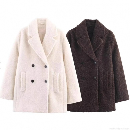 Women's Midi Overcoat Double Breasted Textured Woolen Polyester Warm Outerwear Coat For Winter Daily Office Casual Elegant Lady Solid Color