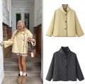Women's Short Woolen Blend Jacket Elegant Stand Collar Contrast Stitching Bell Sleeve Coat Fashion Casual Button Down Outerwear for Ladies