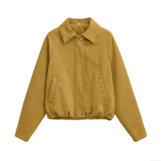 Women's Suede-Like Bomber Jacket Fashion Loose Fit Short Jacket With Pockets Casual Streetwear Long Sleeve Outerwear Solid Color Retro Lapel Coat For Autumn Spring