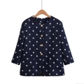 Women's Elegant Polka Dot Tweed Jacket Round Neck Long Sleeve Gold Button Navy Blue Short Coat For Office Party
