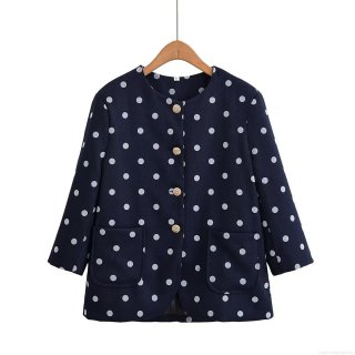 Women's Elegant Polka Dot Tweed Jacket Round Neck Long Sleeve Gold Button Navy Blue Short Coat For Office Party