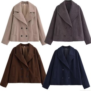 Women's Short Double Breasted Woolen Blend Coat Fashion Lapel Long Sleeve Solid Color Casual Jacket Outerwear For Autumn Winter