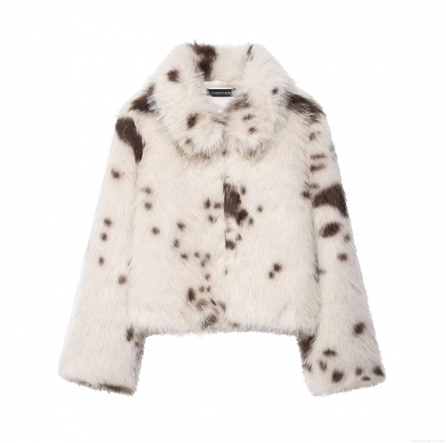 Women's Faux Fur Jacket Animal Print Spotted White Black Brown Long Sleeve Lapel Short Coat Fashion Autumn Winter Outerwear For Ladies Party Daily