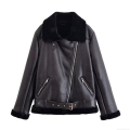 Women's Fashion Faux Leather Motorcycle Jacket With Black Faux Fur Collar Fleece Lined Warm Winter PU Leather Biker Coat With Belt Streetwear Casual Outerwear For Ladies