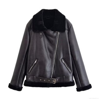 Women's Fashion Faux Leather Motorcycle Jacket With Black Faux Fur Collar Fleece Lined Warm Winter PU Leather Biker Coat With Belt Streetwear Casual Outerwear For Ladies
