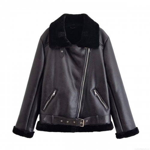 Women's Fashion Faux Leather Motorcycle Jacket With Black Faux Fur Collar Fleece Lined Warm Winter PU Leather Biker Coat With Belt Streetwear Casual Outerwear For Ladies