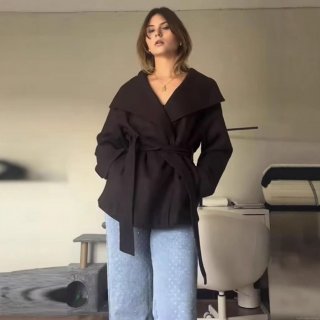 Women's Fashion Premium Woolen Jacket Stand Collar Tie Waist Short Coat Autumn Winter Solid Color Polyester Outerwear