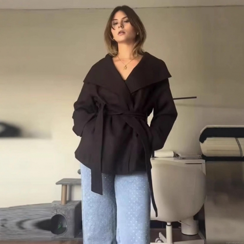 Women's Fashion Premium Woolen Jacket Stand Collar Tie Waist Short Coat Autumn Winter Solid Color Polyester Outerwear