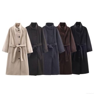 Women Fashion Casual Long Woolen Coat With Belt Elegant Solid Color Stand Collar Single Breasted Jacket For Winter Outerwear