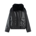 Women's Casual Faux Leather Jacket With Removable Faux Fur Collar Warm Polyester Short Moto Coat For Women Solid Black Streetwear Outerwear