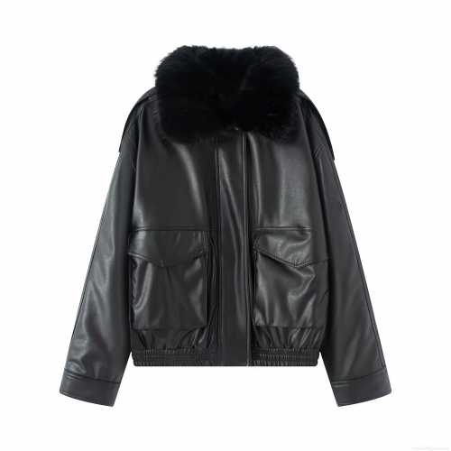 Women's Casual Faux Leather Jacket With Removable Faux Fur Collar Warm Polyester Short Moto Coat For Women Solid Black Streetwear Outerwear