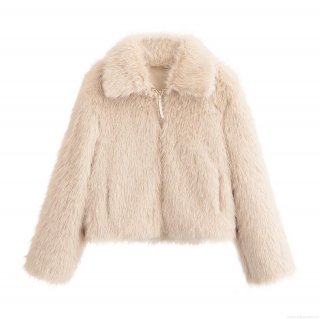 Women's Luxury Faux Fur Jacket Short Coat With Lapel Collar Zipper Front Warm Fluffy Outerwear For Winter Party Dating Elegant Chic Apricot Solid Color