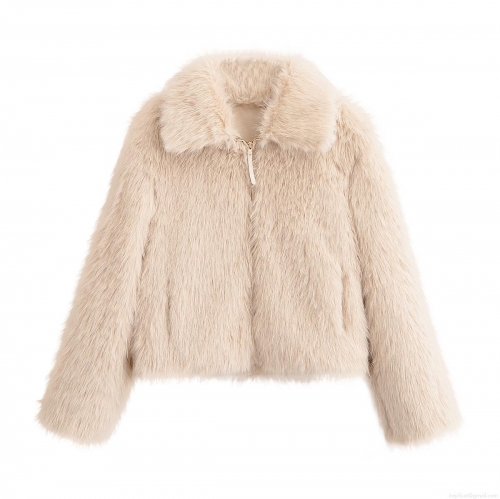 Women's Luxury Faux Fur Jacket Short Coat With Lapel Collar Zipper Front Warm Fluffy Outerwear For Winter Party Dating Elegant Chic Apricot Solid Color