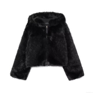 Women's Faux Fur Jacket Hooded Solid Color Zip Up Plush Winter Outwear Casual Warm Shaggy Coat Long Sleeve Soft Short Parka For Ladies