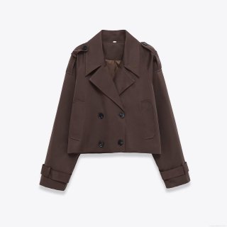 Women Short Trench Coat Jacket 100% Polyester Twill Double Breasted Lapel With Epaulettes Vintage Workwear Style Elegant Casual Spring Autumn Outerwear For Ladies